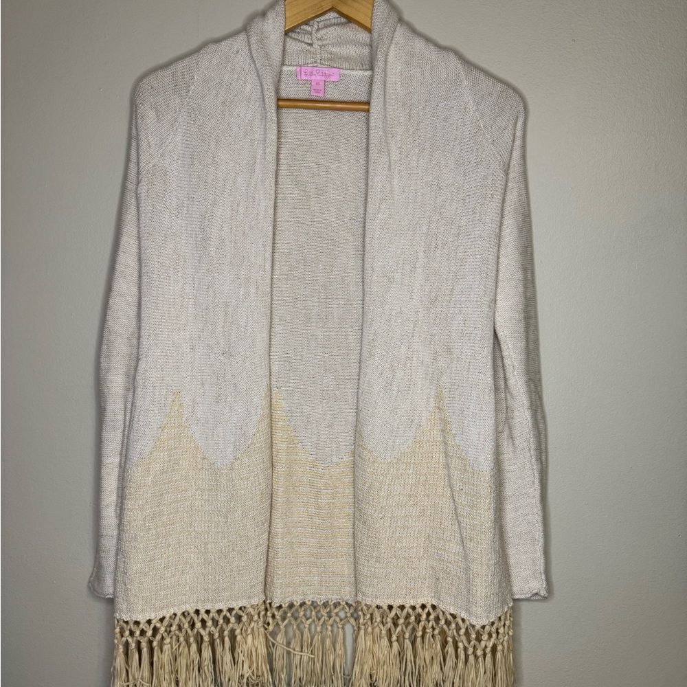 Lilly Pulitzer Open Front Fringe Cardigan Cream Beige Size XS‎